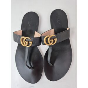Gucci Women's Black Marmont Leather Thong Sandals Flip Flops Double GG Size 40